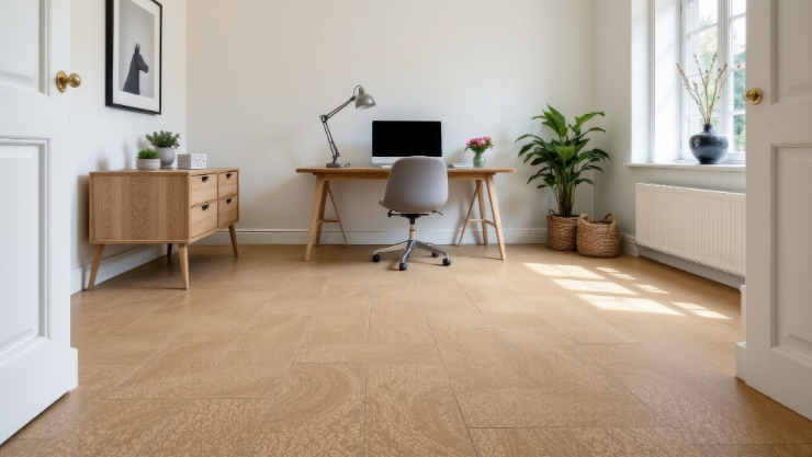 Large rectangular cork flooring tiles in a warm-toned home office, with natural light casting soft shadows across the surface