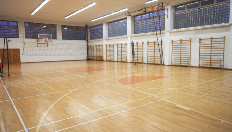 School gymnasium timber floor with multi-sport line markings