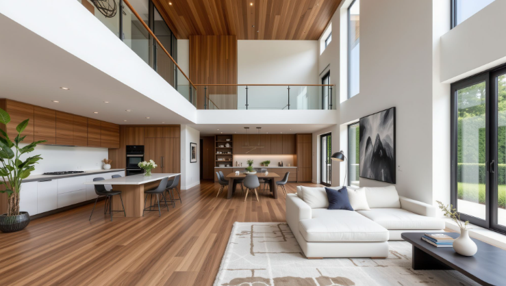 Contemporary open-plan interior with blackbutt timber flooring.
